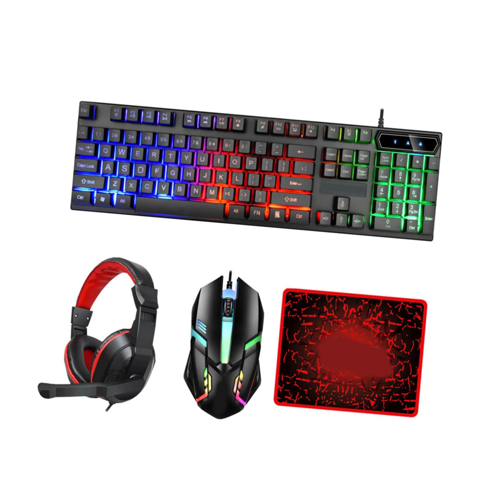 Pack Teclado y Ratón Gaming con Auriculares y Alfombrilla, Iluminación RGB, Material ABS, Diseño Ergonómico para Juegos