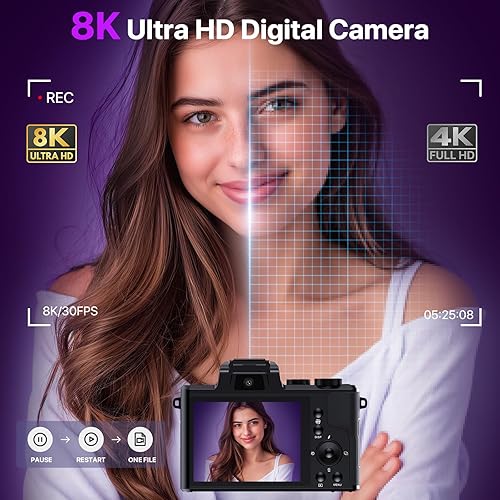Miniatura 3 de Cámaras digitales 8K para fotografía con WiFi, cámara de enfoque automático de 88 MP para vlogging para YouTube con doble lente, cámara digital de