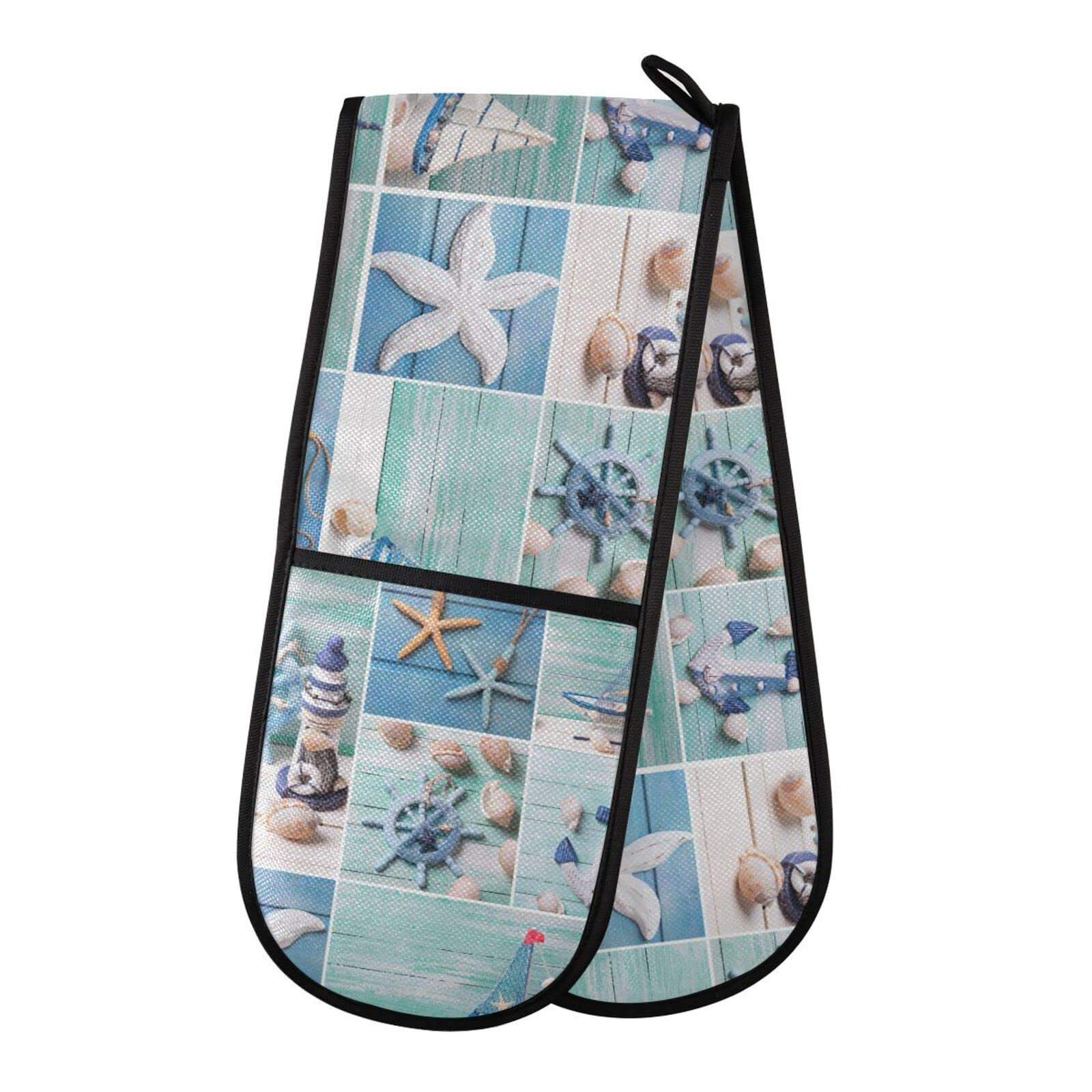 Double Oven Glove Nautical Sea Anchor Starfish Heat Resistant Double Ovens Mitt Modern Cooking Gloves Potholders