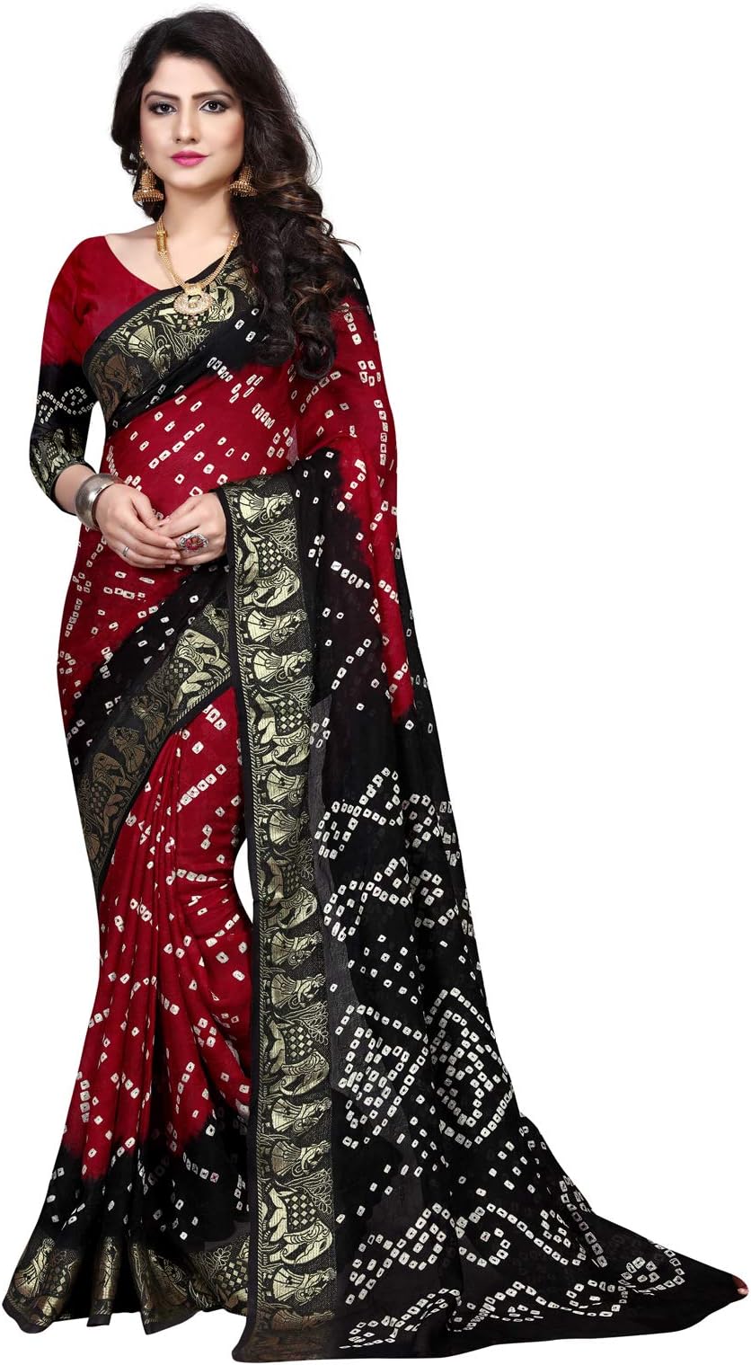 SeeMore Women's Gadwaal Pure Georgette Saree With Blouse Piece (Palak Black Red_Black)