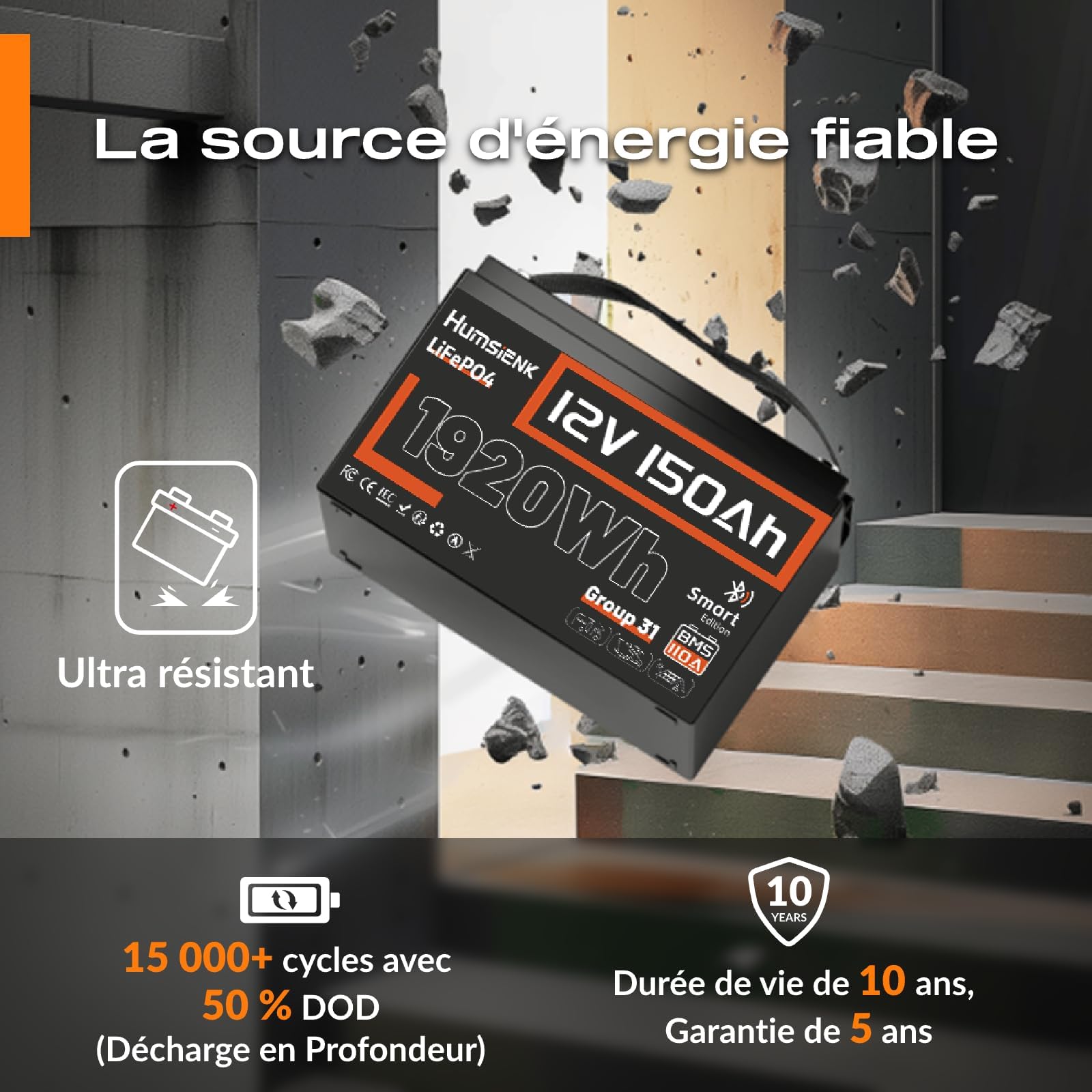HumsiENK Batterie Lithium LiFePO4 12V 150Ah Con Bluetooth, 1920Wh avec BMS Intelligent 110A, 15000 Cycles Profonds, 10 Ans de Durée de Vie, pour Camping-Car, Énergie Solaire, Hors Réseau, Moteur