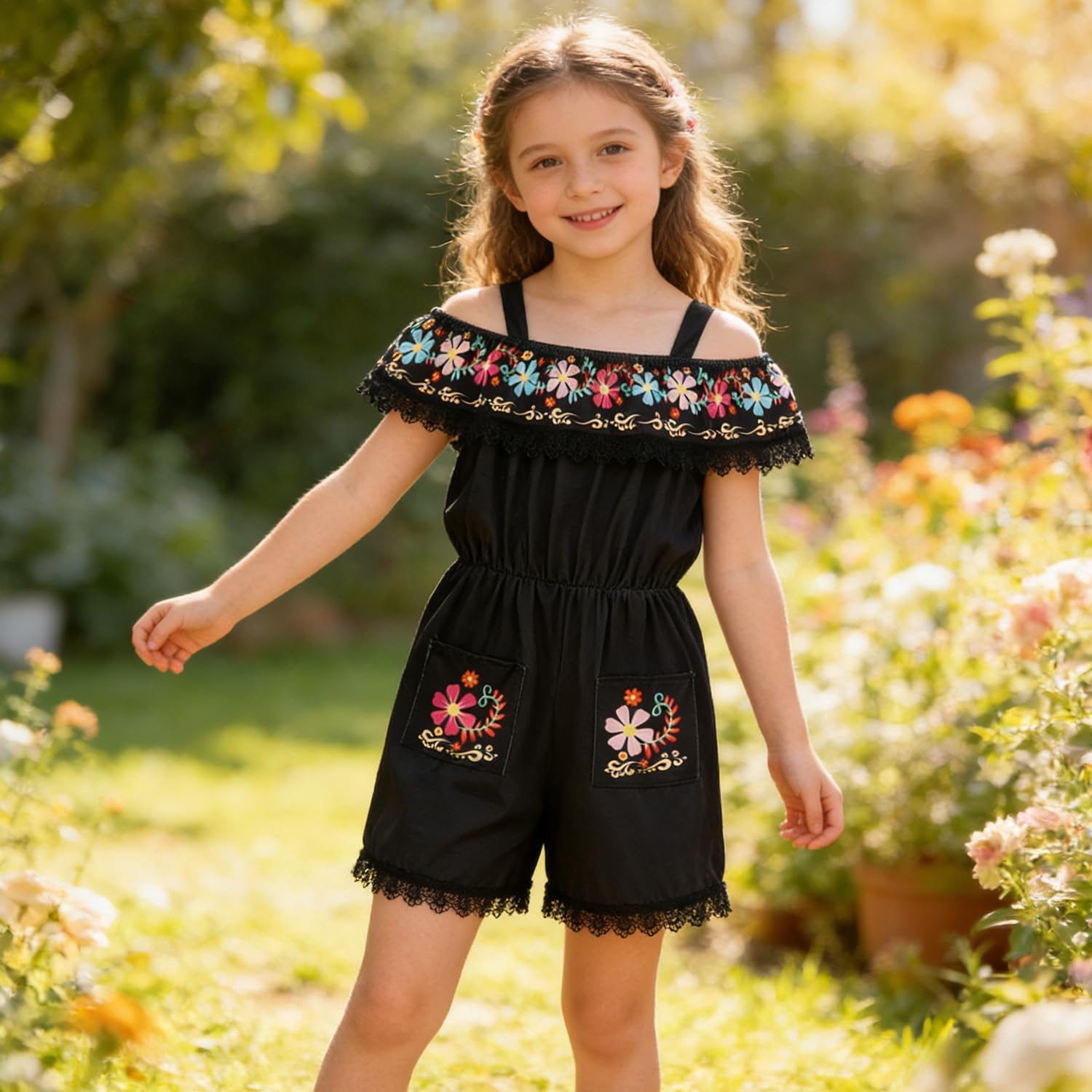 Girl Mexican Outfit Kids Cinco de Mayo Floral Traditional Embroidered Off Shoulder Jumpsuit