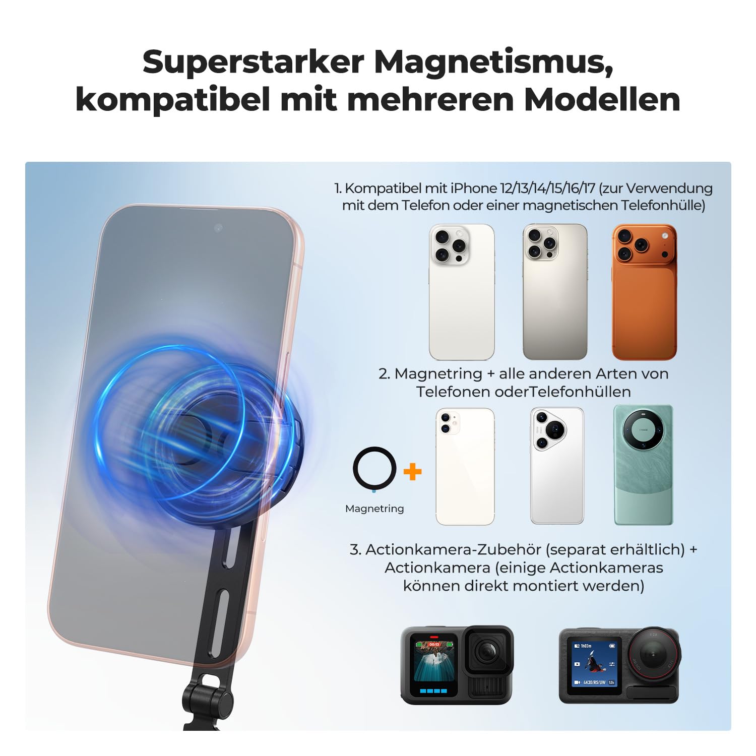K&F CONCEPT Handyhalterung für den Hals mit Doppelfunktion, magnetische Halterung und Telefonclip, mit luftgepolsterter Basis, 65 cm Länge, komplett mit Riemen und magnetischer Führungsplatte(Schwarz)