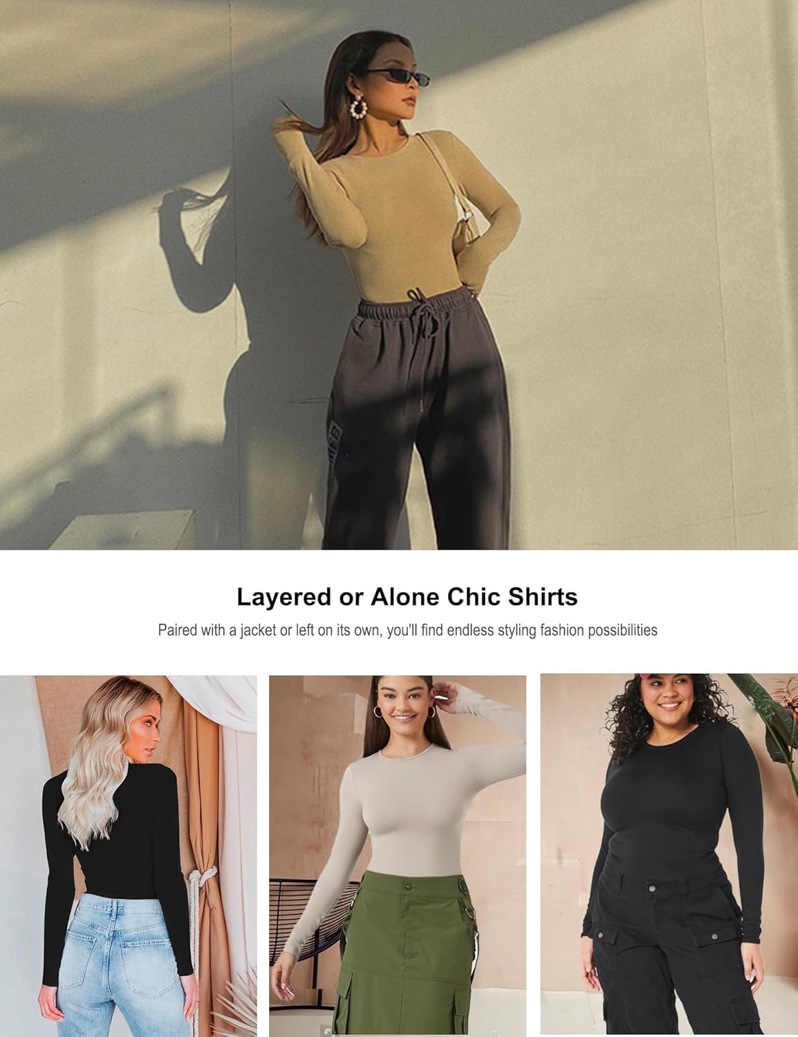 5 Pack Womens Basic Long Sleeve Shirts Crew Neck Slim-Fit Fitted T Shirts Tops Undershirts Underscrub Baselayer - Image 6