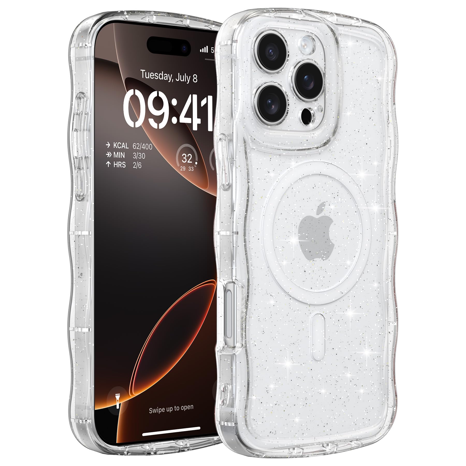 ZTOFERA for iPhone 16 Pro ケース,MagSafe 対応,クリア キラキラ カーリー ウェーブ フレーム 女性用 女の子用 男性用,iPhone 16 Pro 用スマホケース,透明