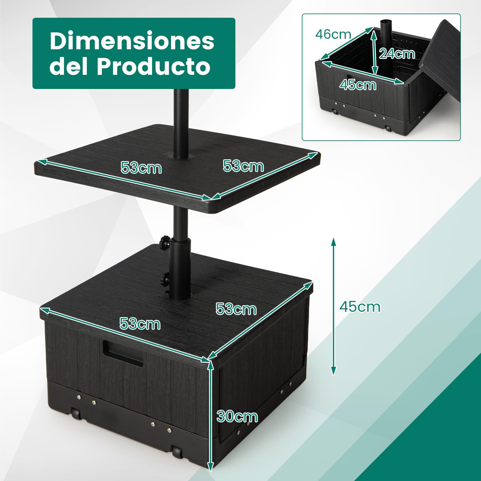 COSTWAY Base Sombrilla con Ruedas, Bandeja De Mesa, Soporte Sombrilla Terraza Exterior Apto para Postes de 38mm 48 mm, 3 en 1 Pie Sombrilla Rellenable de Agua 45L, Arena 67kg, Jardin Patio (Negro)