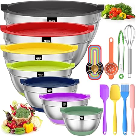 AIKKIL Mixing Bowls with Airtight Lids, 20 piece Stainless Steel Metal Nesting Bowls, Non-Slip Colorful Silicone Bottom, Size 7, 3.5, 2.5, 2.0,1.5, 1,0.67QT, Great for Mixing, Baking, Serving
