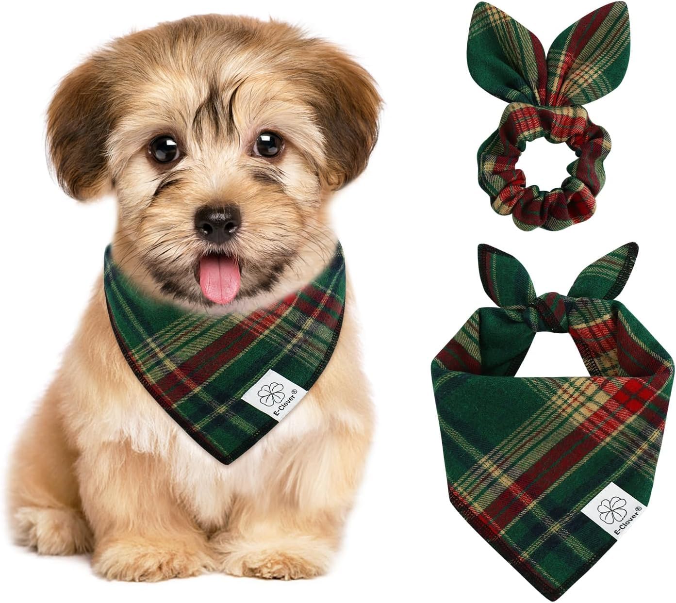 E-Clover Hundehalstuch und passendes Haargummi, grün-rot kariert, niedliches Kostüm-Zubehör für kleine, mittelgroße und große Hunde