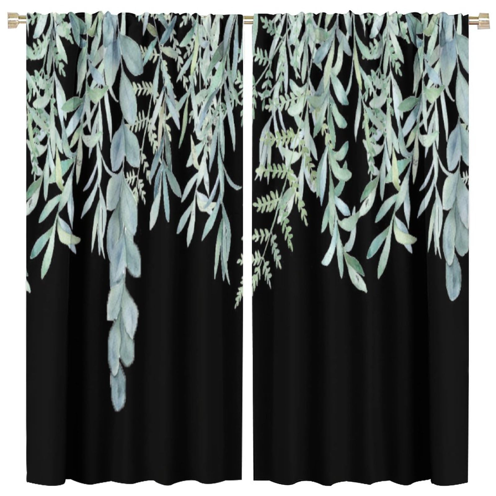 Green Leaves Curtains Rod Pocket Watercolor Eucalyptus Black Gold Botanical Plants Spring Floral for Kitchen Bedroom Children Living Room Window Curtain Drapes 2 Panels 84x84in