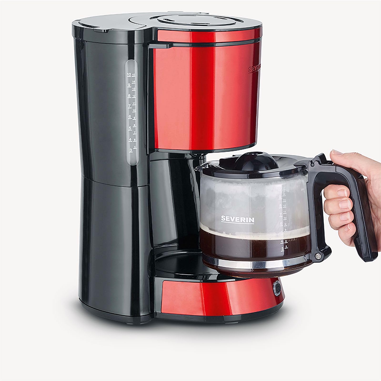 SEVERIN - Cafetera de goteo para 10 tazas, Cafetera de filtro / Cafetera americana con jarra de cristal, Con placa calefactora y desconexión automática, Negro / Rojo, KA 4817
