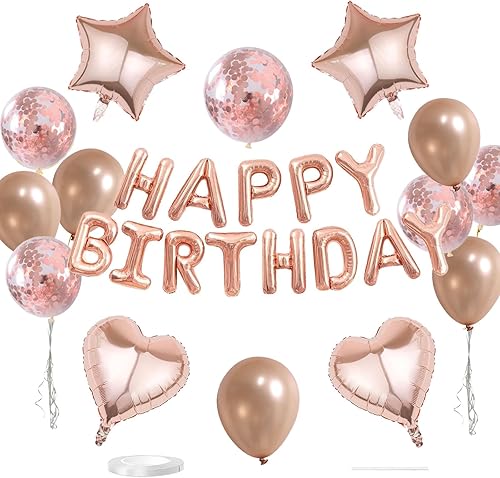 27 piezas de decoraciones de cumpleaños de color oro rosa, cartel de globos de feliz cumpleaños de oro rosa en 3D, kit de globos de confeti con