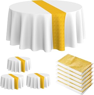 Oudain 6 Pcs Round Plastic Disposable Tablecloth 84 Inch Stain and Wrinkle Resistant Table Cover Tablecloths for Graduation Birthday Party Wedding Baby Shower Decoration(White, Gold)