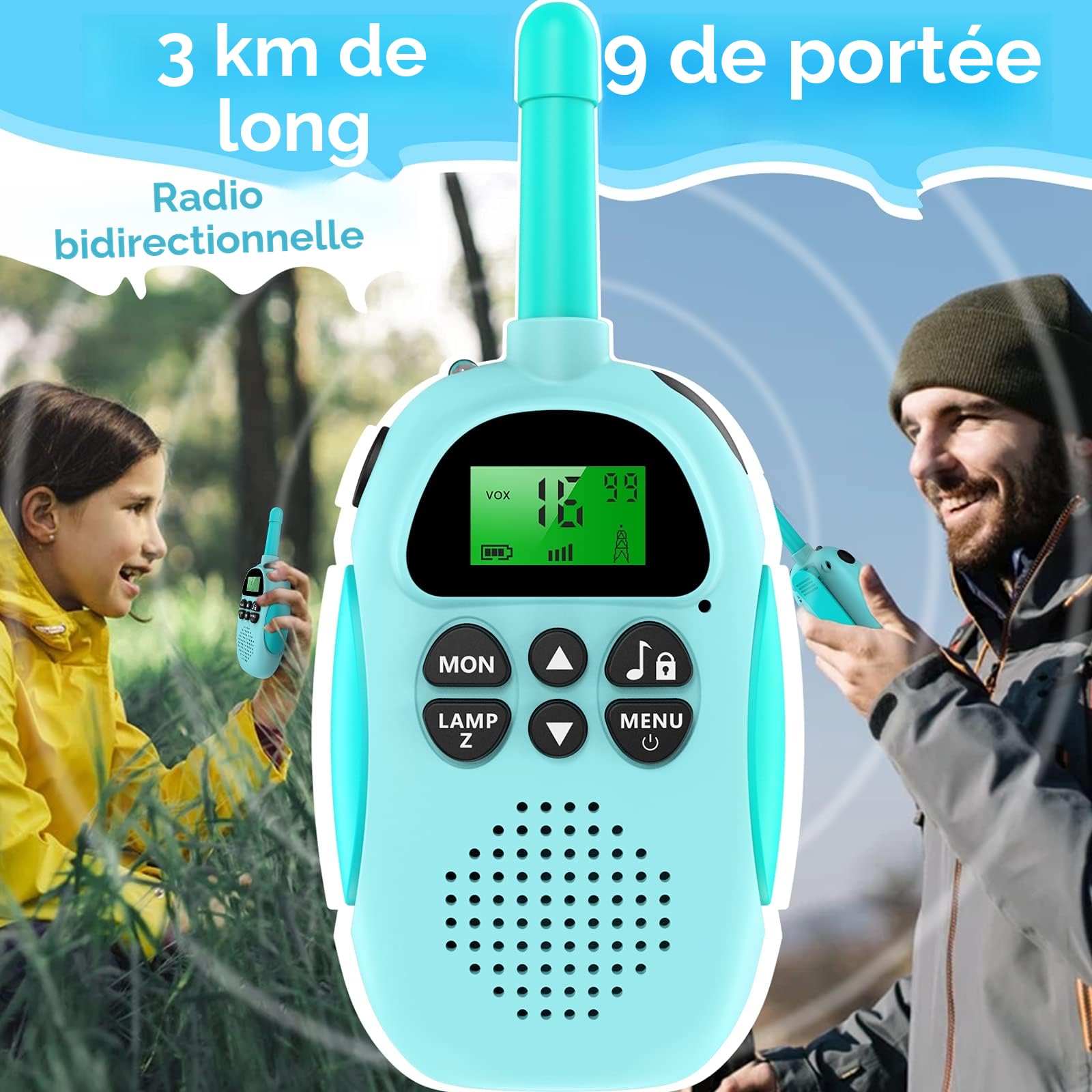 Ushining Talkies Walkies Enfants, VOX Talkie Walkie Rechargeable Enfant, Lampe de Poche LCD Rétro-éclairée, 3 KM pour Aventures Extérieures Camping Randonnée, Cadeau De Noël