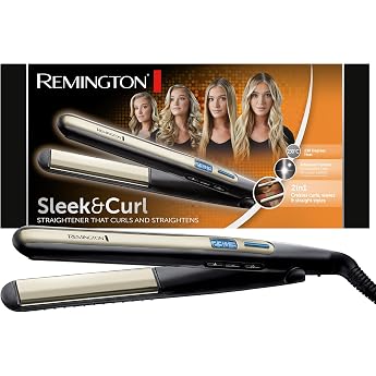 Remington S6500 Sleek &amp; Curl Straightener with Rounded Design for Precise Curling, Black / Beige