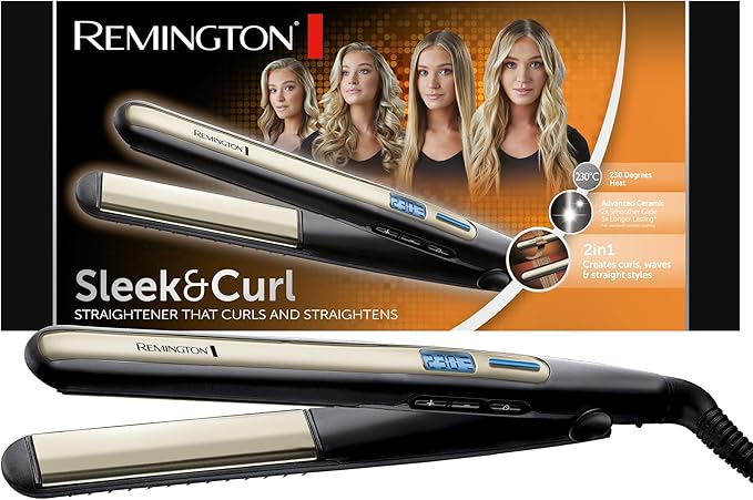 Remington Plancha de Pelo Sleek & Curl, 2 en 1 Alisa y Riza, Óptimo Ondas, Placas Estrechas Extralargas, Cerámica Avanzada, Temperatura hasta 230°C, Función Turbo, Digital, Calentamiento 15s, S6500