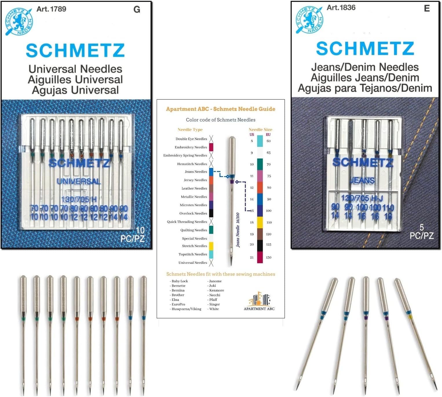 Denim and Universal Sewing Machine Needles Combo Pack, (Size: Assorted) Fits Baby Lock, Bernina, Brother, Janome, Juki, Kenmore, N, Pfaff, Singer, Viking and White Home Machines by Apartment ABC