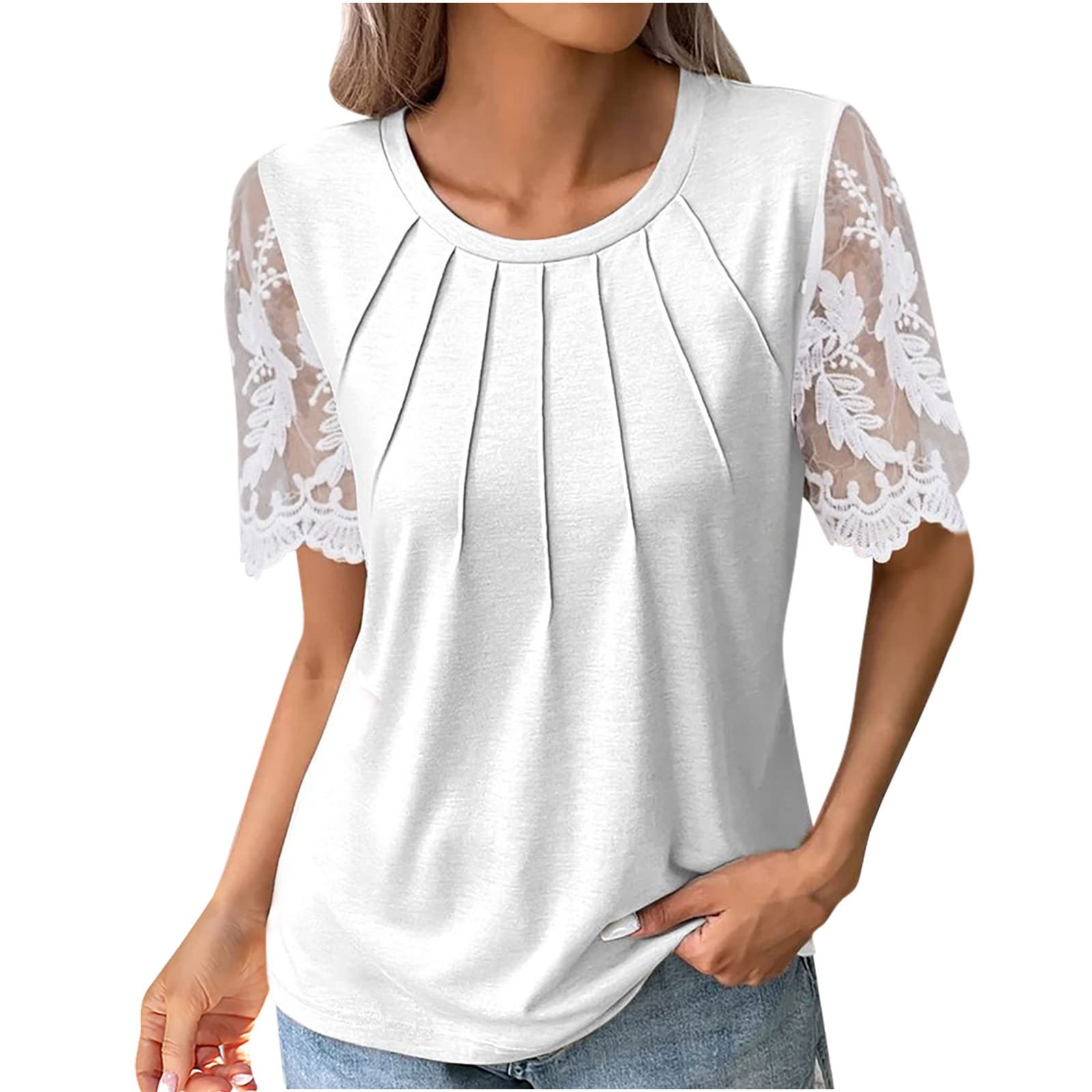 LiakaiAMhomely UK Women Shirts and Blouses Sale Solid T-shirt Lace Short Sleeves Blouse Round Neck Casual Pleated Slim Fit Tops Ladies Gypsy Top Lovely Comfortable Top Blouse Shipping 7 Days, White 1