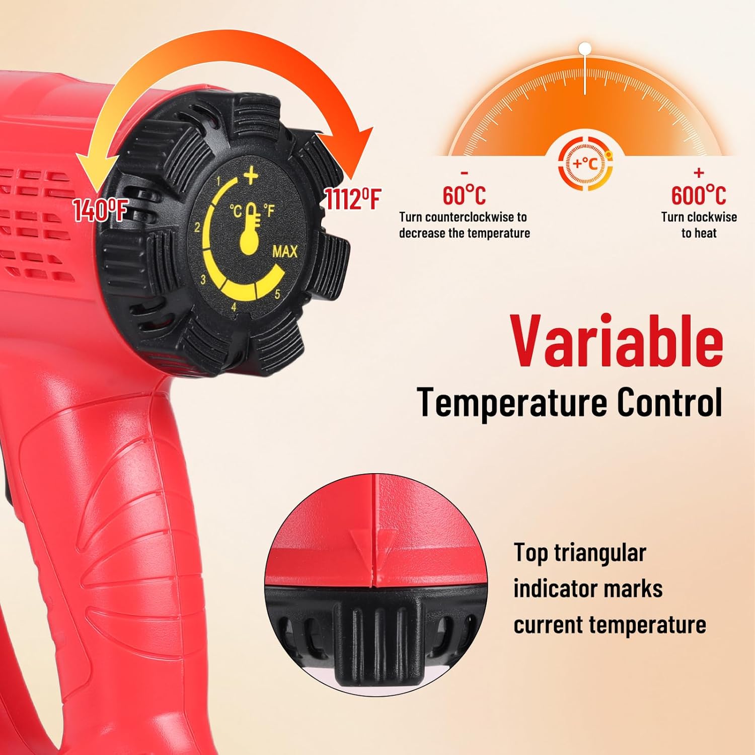 【1800W・140℉~1112℉】Heat Gun (60℃-600℃) Fast Heating Heavy Duty Hot Air Gun Kit Variable Temp Control Overheat Protection with 5 Nozzle for Crafts, Shrink Tubing, Stripping Paint, Resin, Soldering