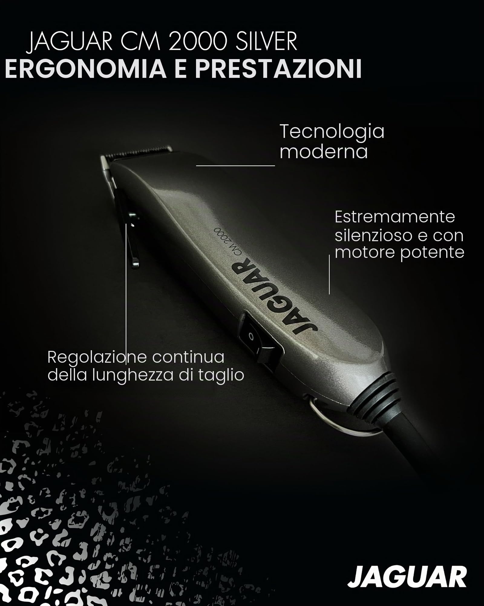 JAGUAR Tagliacapelli CM 2000 Silver | Tagliacapelli professionale per il funzionamento a rete elettrica con set di pettini e sistema di montaggio rapido | Dal professionista per voi