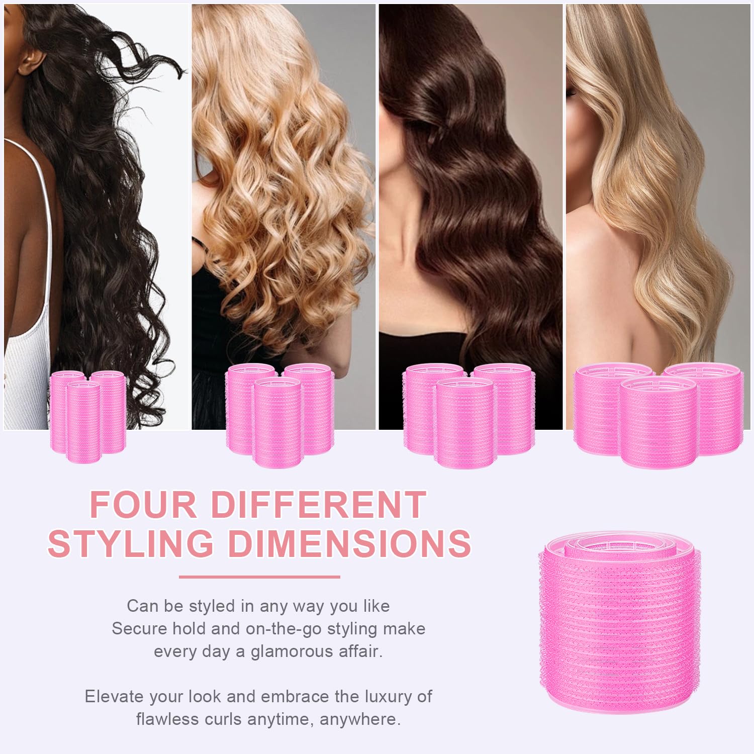 IKOCO - Rizadores de pelo, 4 tamaños, juego de rodillos autoadherentes de 60 mm, 48 mm, 36 mm, 25 mm, para cabello largo, flequillo corto con 16 clips de rodillo, bolsa de aseo transparente y peine de