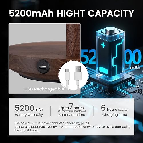 Miniatura 2 de Lámpara de mesa inalámbrica, lámpara de mesa de madera recargable con control táctil y brillo ajustable, lámpara de noche decorativa inalámbrica