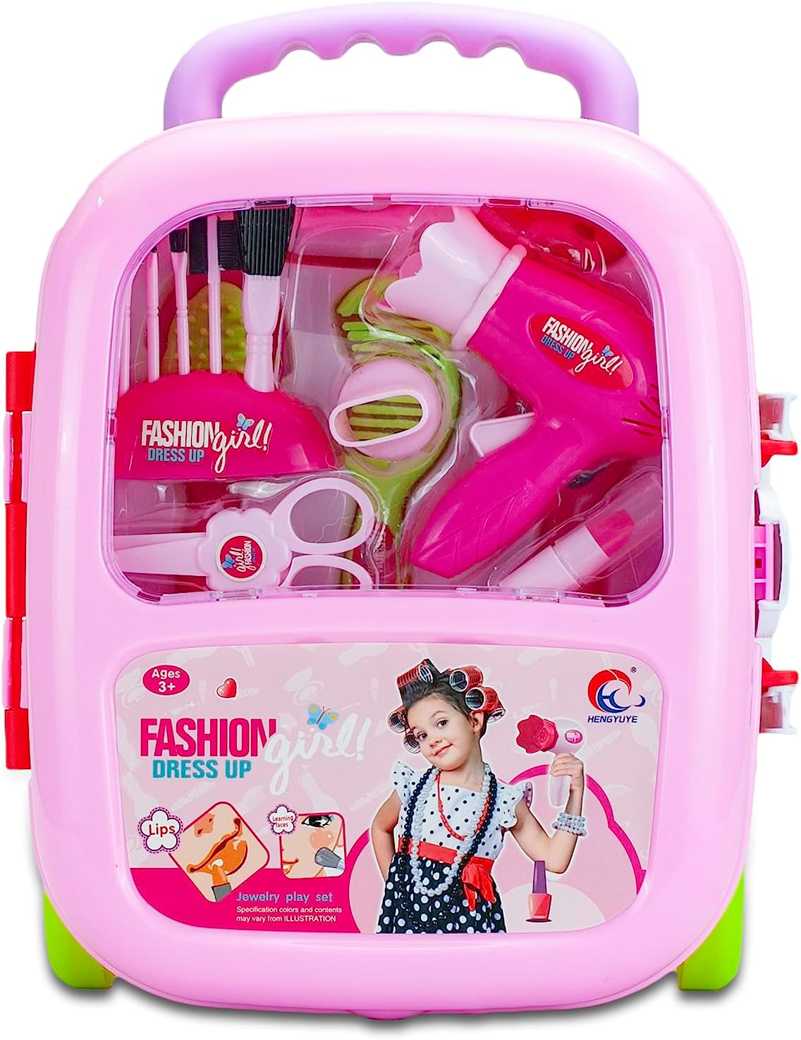 JOYSAE Fashion Dress up Girls Beauty Salon Play Trolley case Set with Hairdryer, Curling Iron, Comb,ScissorsMirror & Cosmetics Utensils