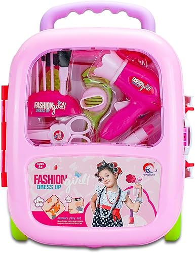 JOYSAE Juego de carro de moda para niñas y salón de belleza con secador de pelo rizador peine tijeras espejo y utensilios de cosmética