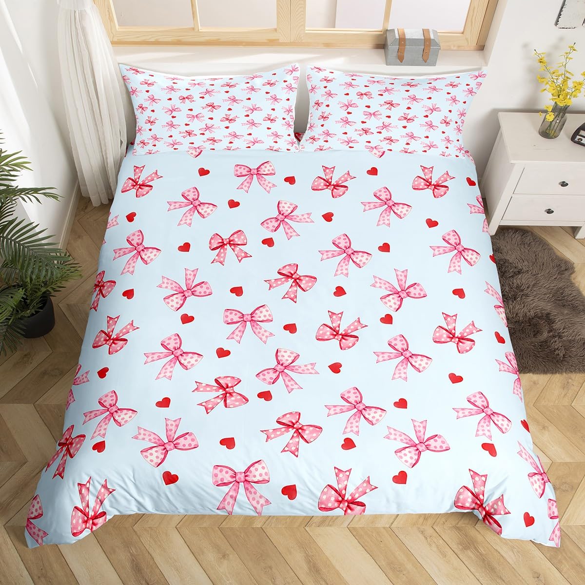 Homemissing Grinding Pink Bow Duvet Cover Set King Size For Kids Girls Bownot Blue Bedding Set Princess Style Microfiber Heart Duvet Cover with 2 Pillowcases — image 1