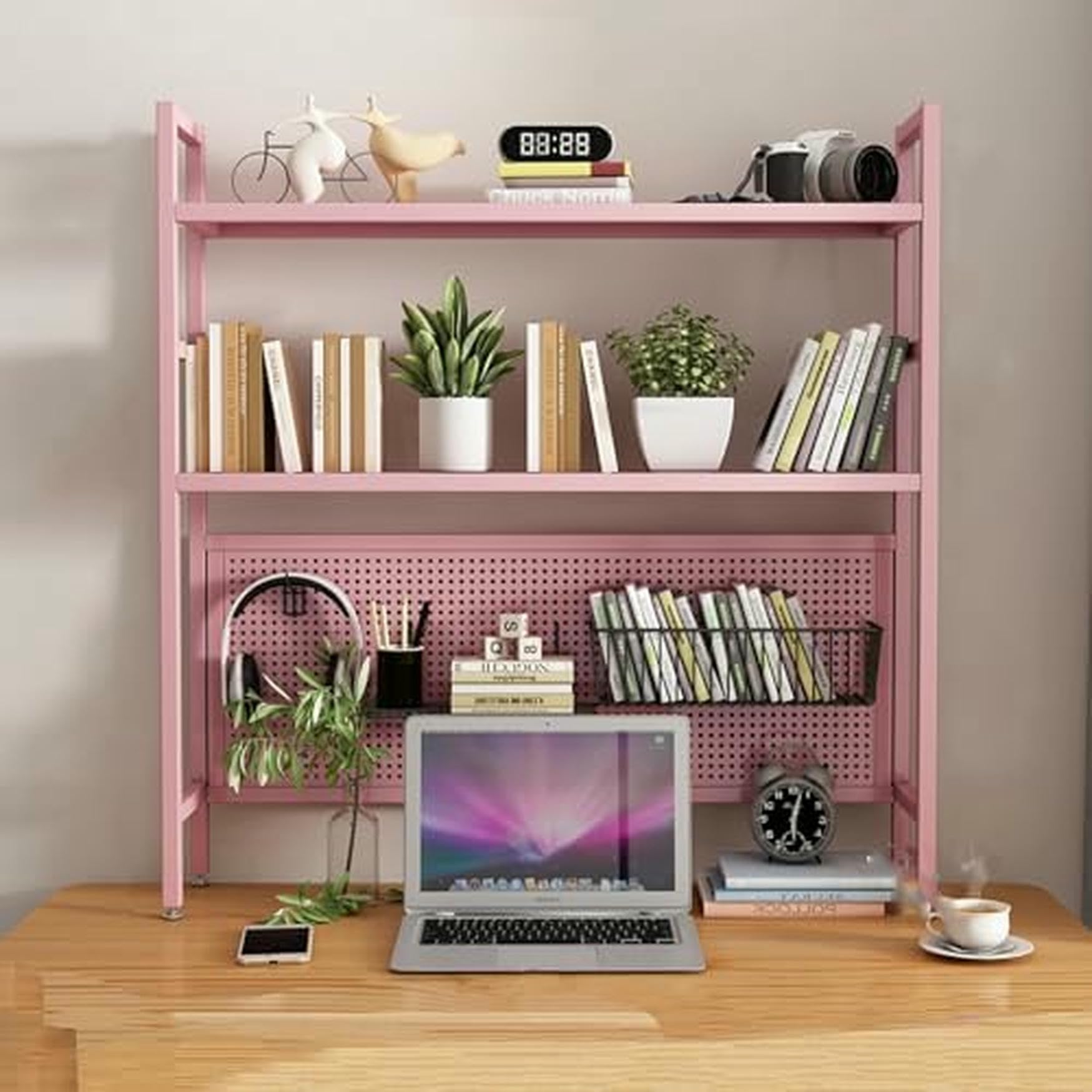 CWCQGH Black Desktop Hutch & Bookshelf - 95cm Student Pegboard Bookcase for Dormitory & Home Office - Computer Desk Storage Rack & Display, Single Layer Organization Solution,Pink Double Layer-115cm