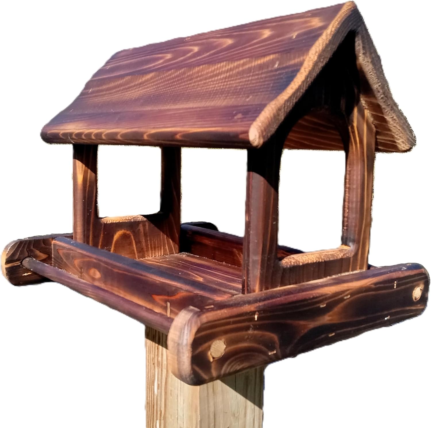 14 Inch Post Mount Cedar Wood Fly Through Platform Bird or Squirrel Feeder for Outdoors