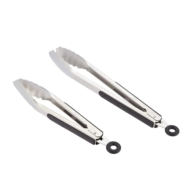 AmazonCommercial Stainless Steel Kitchen Tongs, Non-Slip Grip, 22.9 and 30.5 cm Tong Set, Black, Pack of 2