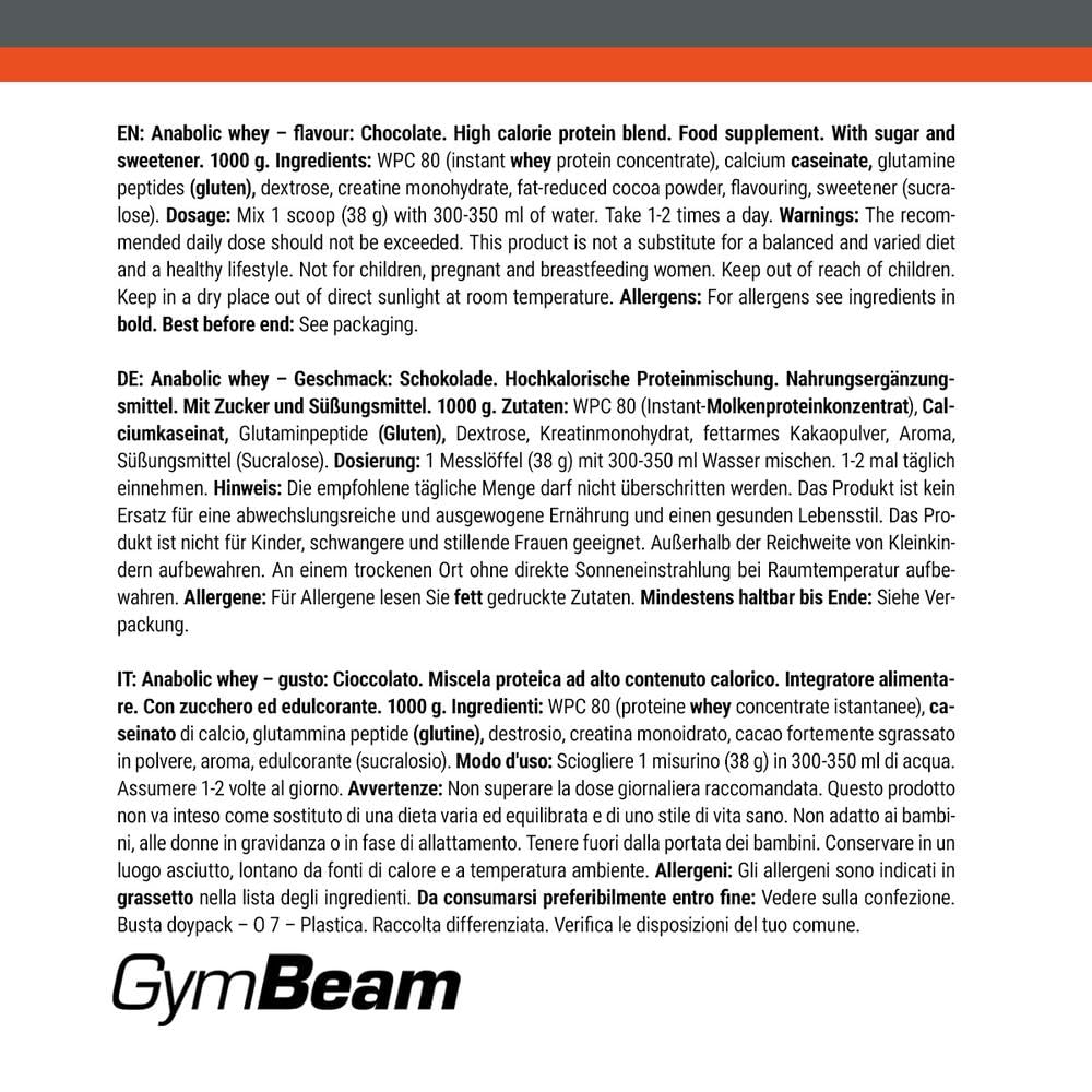 GymBeam Anabolic Whey Protein Pulver – Whey Konzentrat mit BCAA, Glutamin & Taurin, bis zu 22 g Eiweiß pro Portion, ohne Aspartam, für Muskelaufbau und Regeneration, Schokolade, 1000 g (33 Portionen)