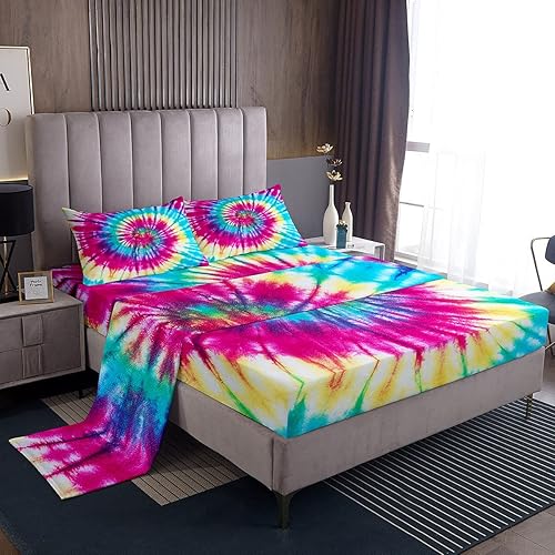 Miniatura 1 de Feelyou Juego de sábanas bajeras de teñido anudado, juego de sábanas psicodélicas bohemias, tamaño Queen, ropa de cama gitana bohemia 1 sábana