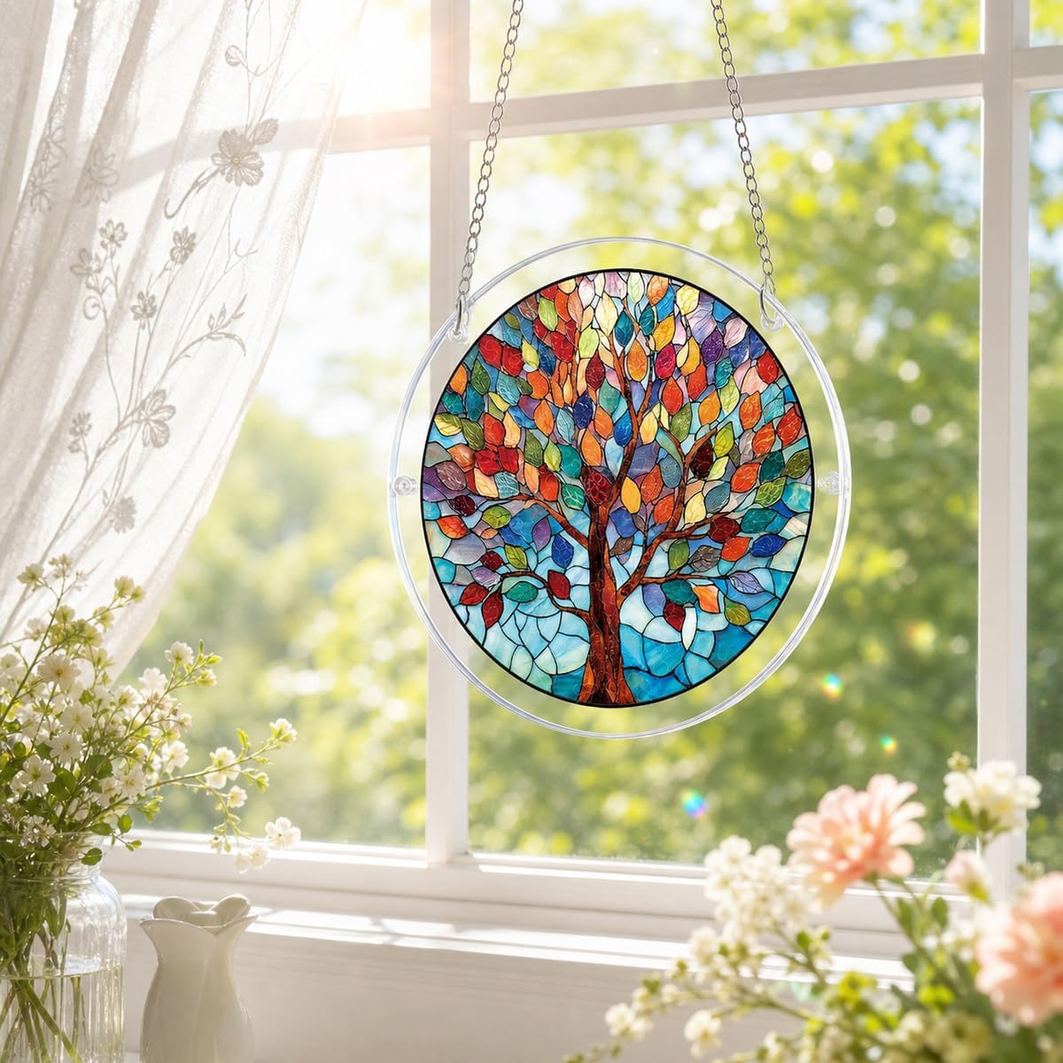 Acrylic Puzzle Suncatcher Window Hanging, 83 PCS 8 Inch DIY Acrylic Jigsaw Puzzle Sun Catcher for Windows, Stained Glass Style Garden Suncatchers, Home Decor Gift for Women Mom (Chasing the Sun Sea)