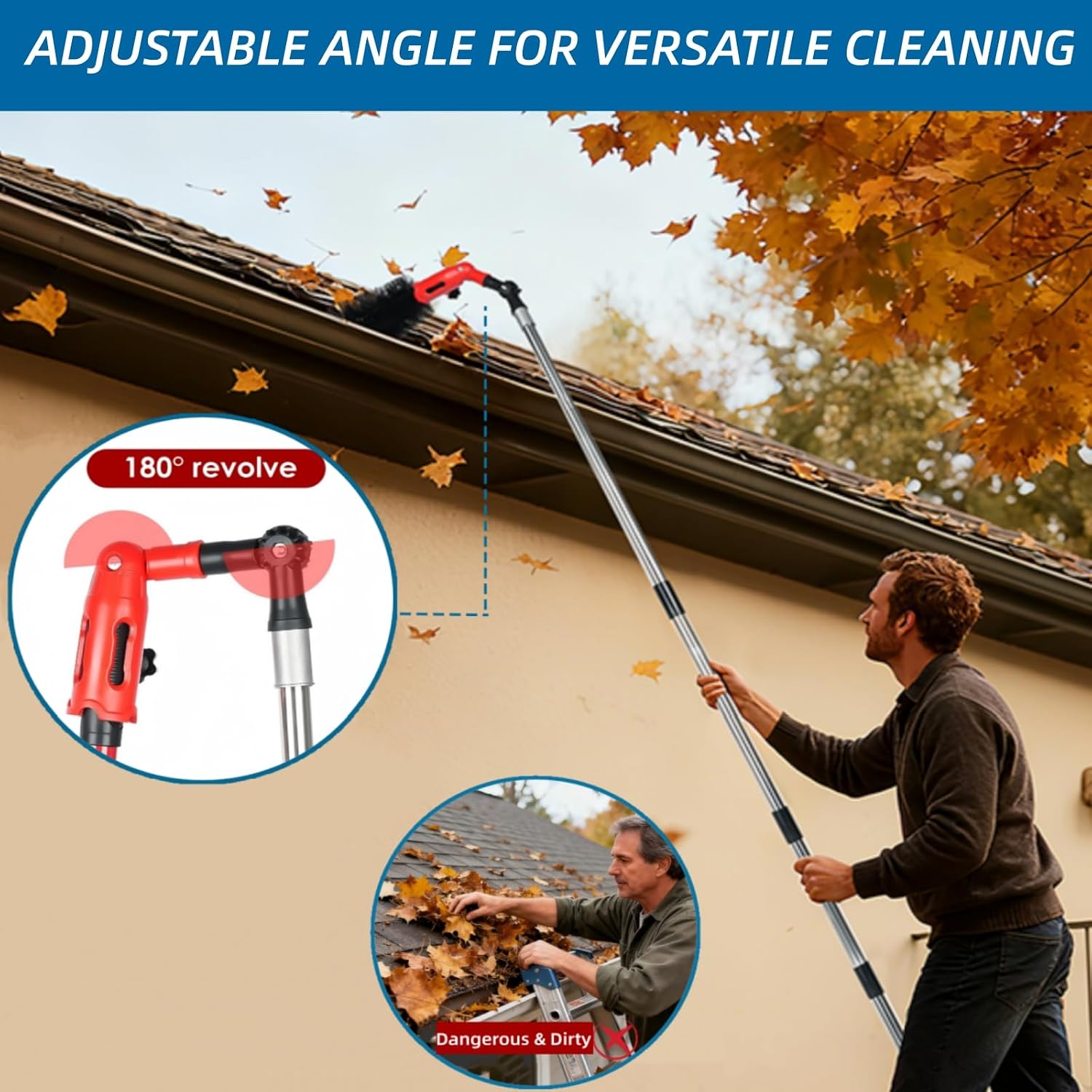 Gutter Cleaning Tools from The Ground, Adjustable Gutter Cleaning Pole with 180° Pivoting Head, Gutter Rake & 2 Gutter Brush, Gutter Cleaner Tool for Removing Leaves, Debris & Spider Webs (Black)