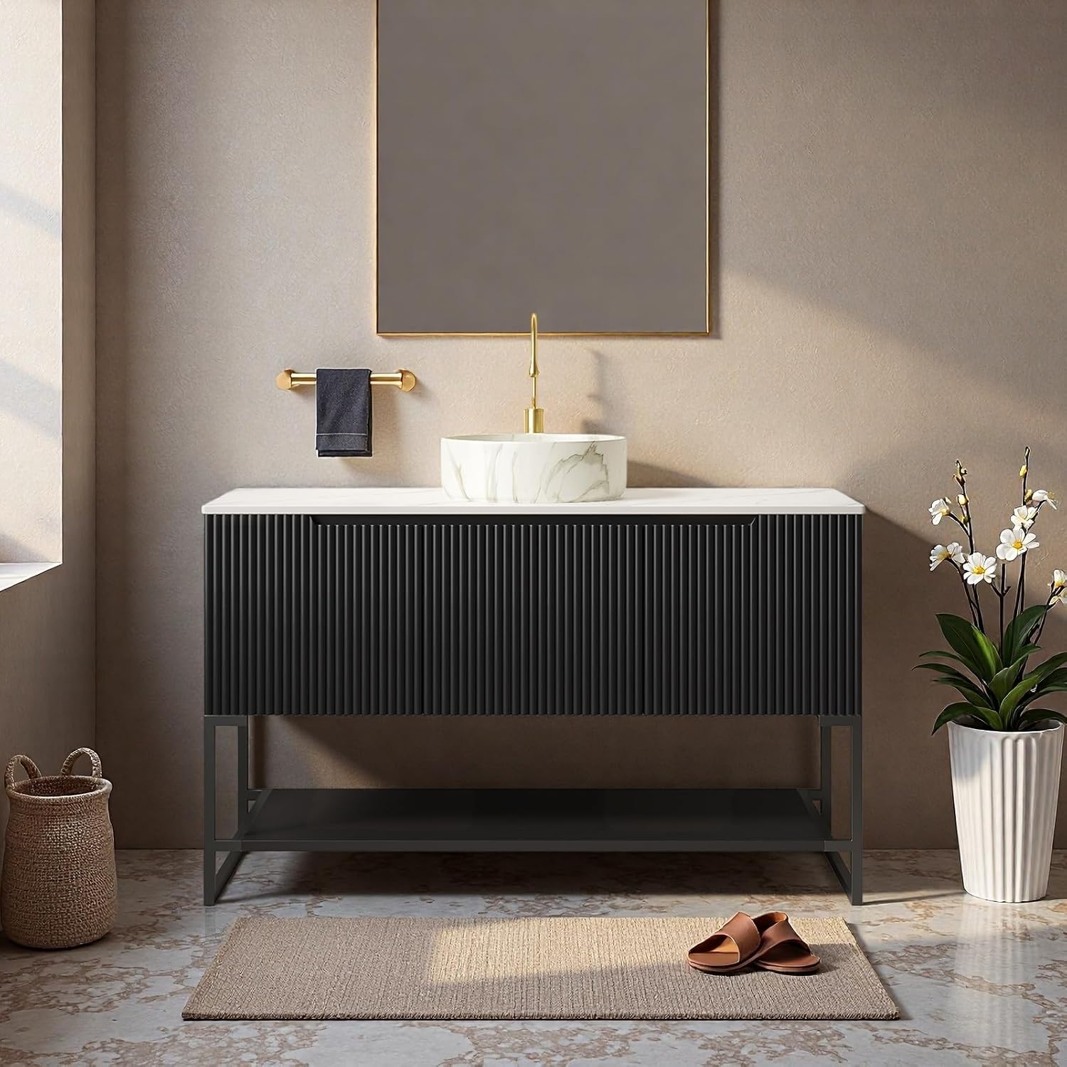 48" Freestanding Bathroom Vanity with Sink, Bathroom Vanity with Sintered Stone Countertop & Matte Round Ceramic Basin, Pre-Assembled Striped Storage Cabinet with 3 Doors & Open Shelf, Black