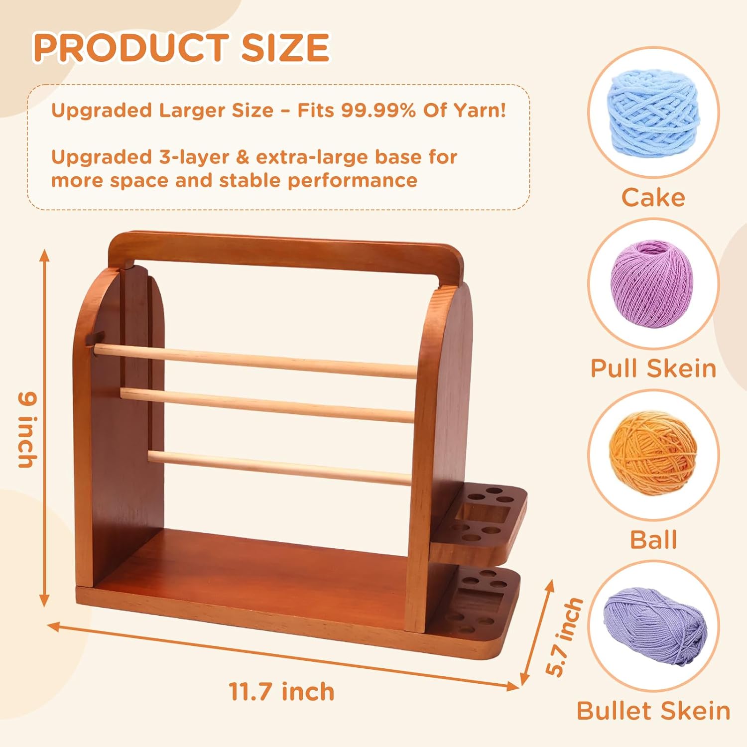 Upgraded Yarn Holder for Knitting and Crocheting, Wooden Yarn Storage Organizer with Tangle-Free 3 Rods, Phone Stand & Tool Holder, Works with Skein, Cake, Ball, Crochet Gift for Knitting Lovers