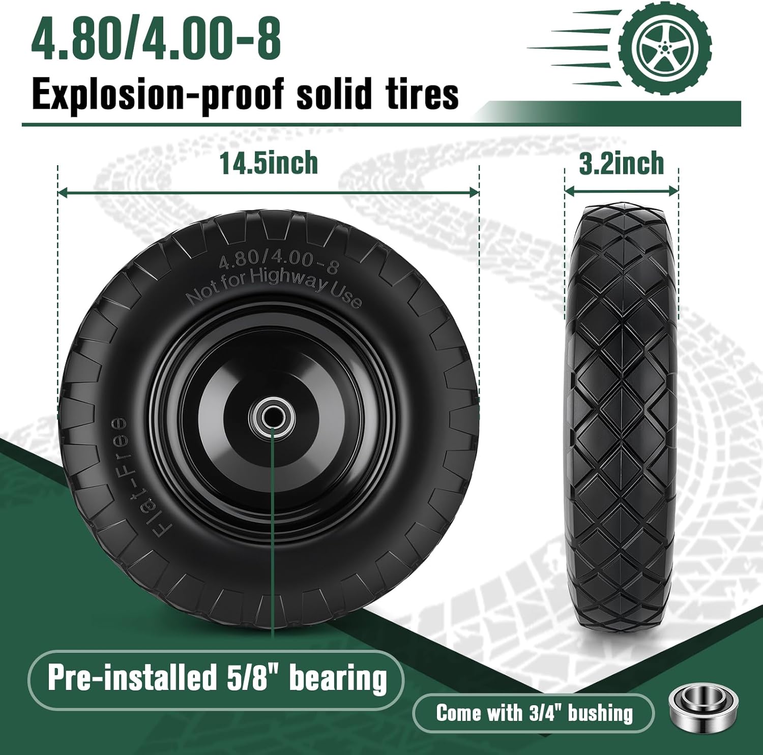 4.80/4.00-8" Flat Free Wheelbarrow Tires, 4.80/4.00-8 Tire and Wheel with 5/8"&3/4" Bearings,3-7" Centered Hub 16" Solid Wheelbarrow Tires for Wheelbarrows/Hand Truck/Garden Trailer/Trolley
