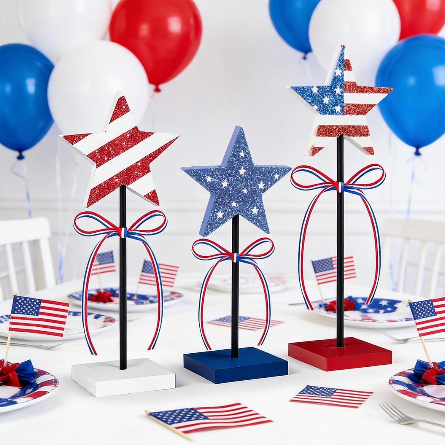 4th of July Decorations Tiered Tray Decor Wooden Star Set, 3PCS Memorial Day Table Decor, Patriotic Tabletop Centerpieces Red White and Blue Independence Day American Home Decor Party Favor