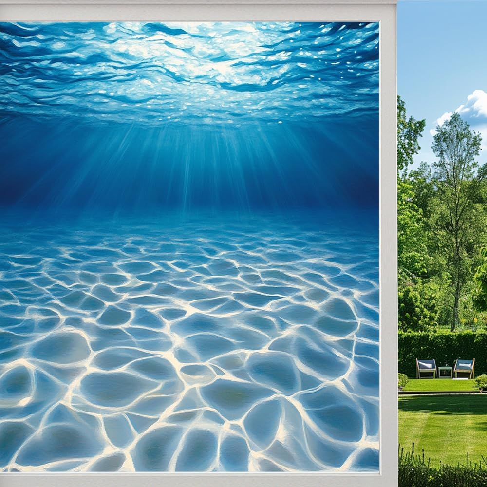 Modern Underwater Landscape Stained Glass Window Film, Rustic Natural Ocean Peel and Stick Frosted Privacy Film, Adhesive Vinyl Decorative for Bathroom Windows Glass Doors, 27.6Wx47.2L inch