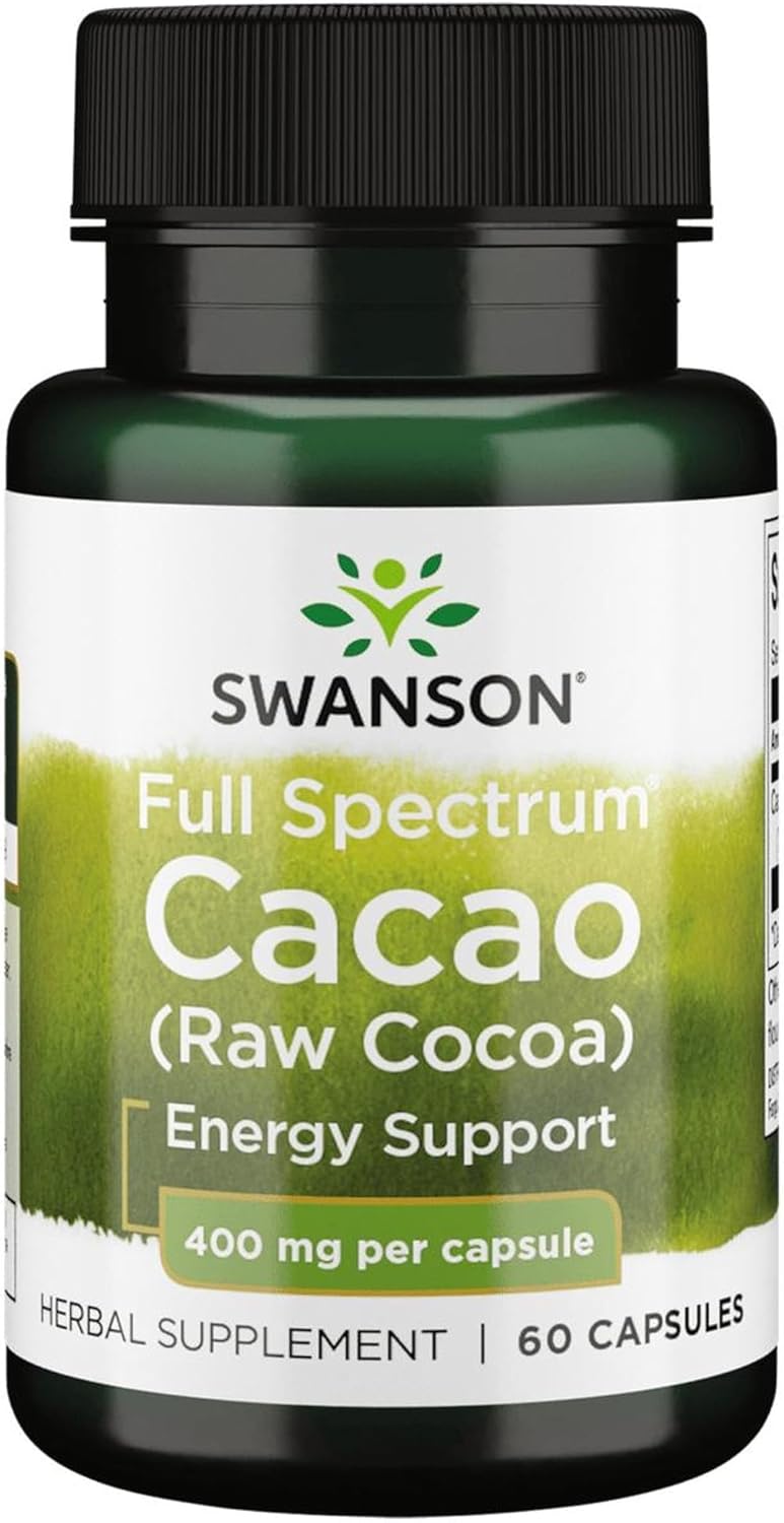 Swanson Full Spectrum Cacao (Raw Cocoa) - Herbal Supplement Promoting Mild Energy Support - Traditional Whole Fruit Formula - (60 Capsules, 400mg Each) (3 Pack)