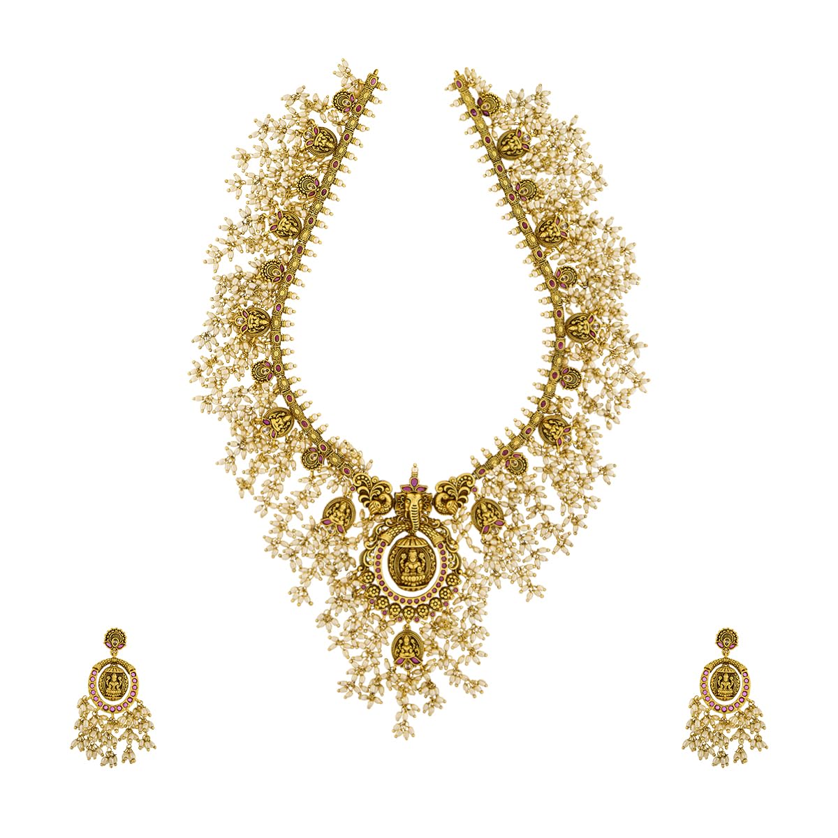 Fashion Jewellery ruby gold polished copper antique necklace with hanging earrings and adjustable thread, Best for bridal & Special Occasion - 452200-image-35