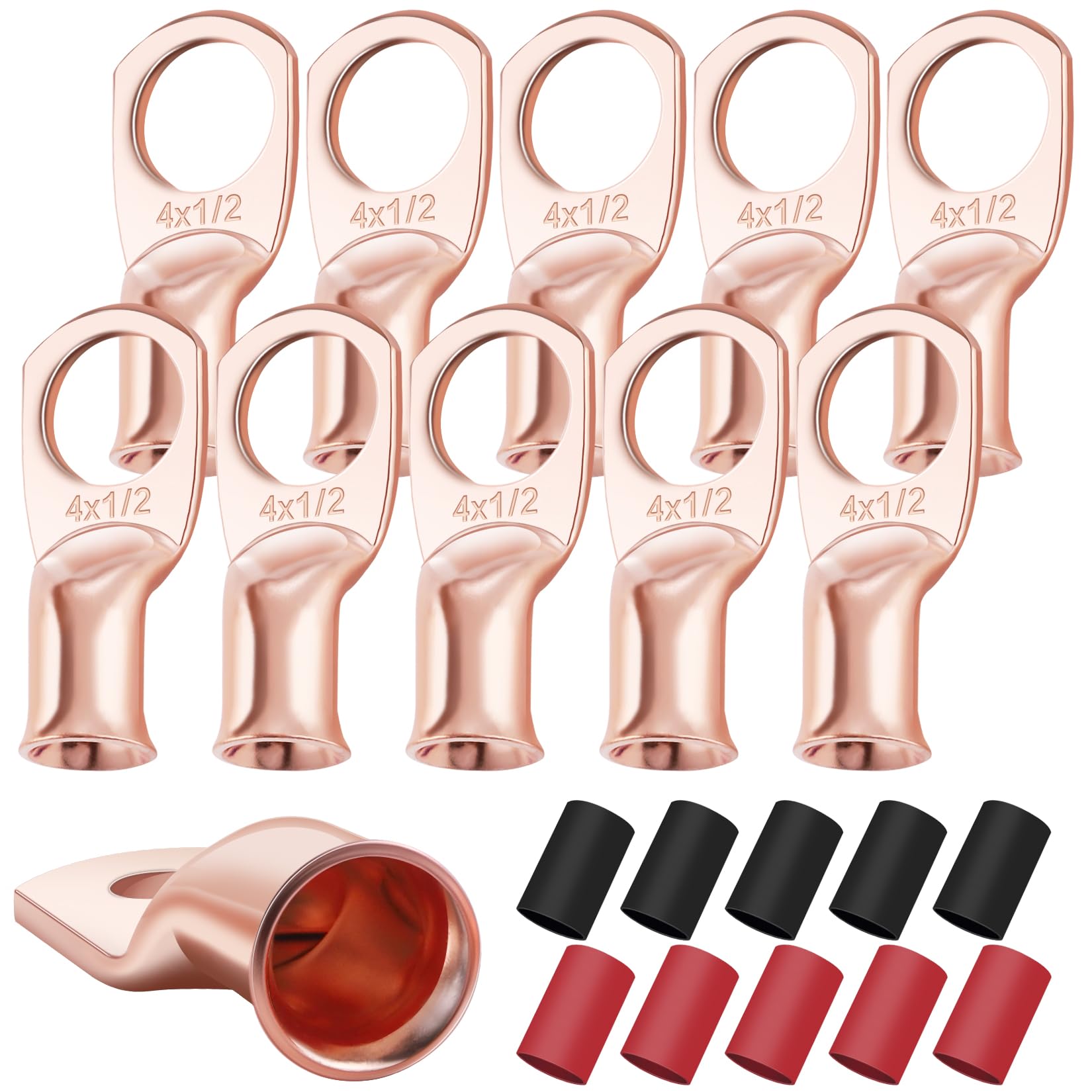 XHF 10PCS 4 AWG-1/2 Heavy Duty Battery Lugs with 3:1 Heat Shrink Tubing, Ring Terminals Battery Cable Ends Copper Eyelets Electrical Battery