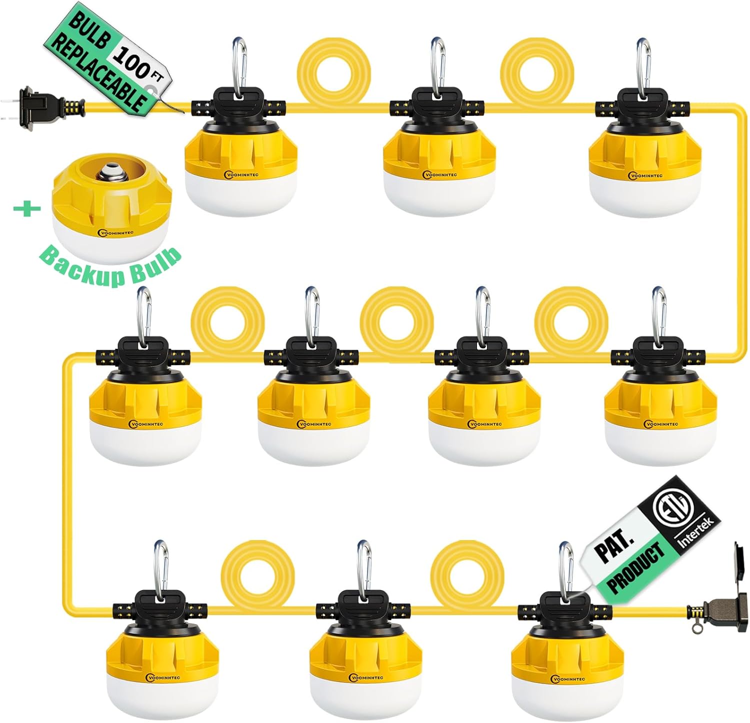 100FT Construction String Lights 100W 13000lm Bubl Replaceable Work Light for Construction Sites, Garage, Crawl Space, Workshop, Jobsite, Indoor and Outdoor, with Hanging Hooks