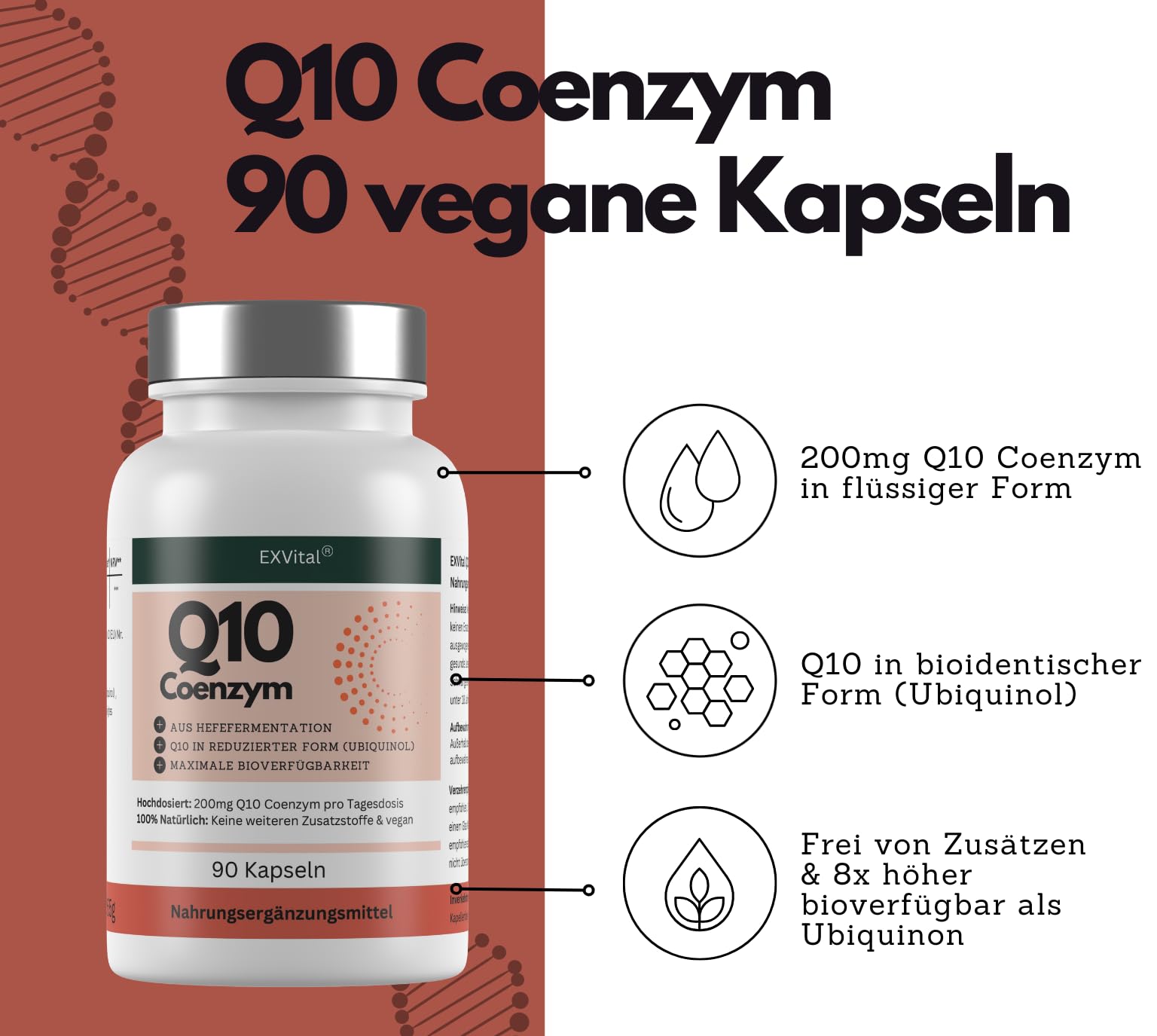 EXVital® Q10 Coenzym Ubiquinol– 200mg pro Kapsel – 90 vegane Kapseln – reicht für 3 Monate – hochdosiert & ohne Zusätze, in Deutschland produziert & laborgeprüft