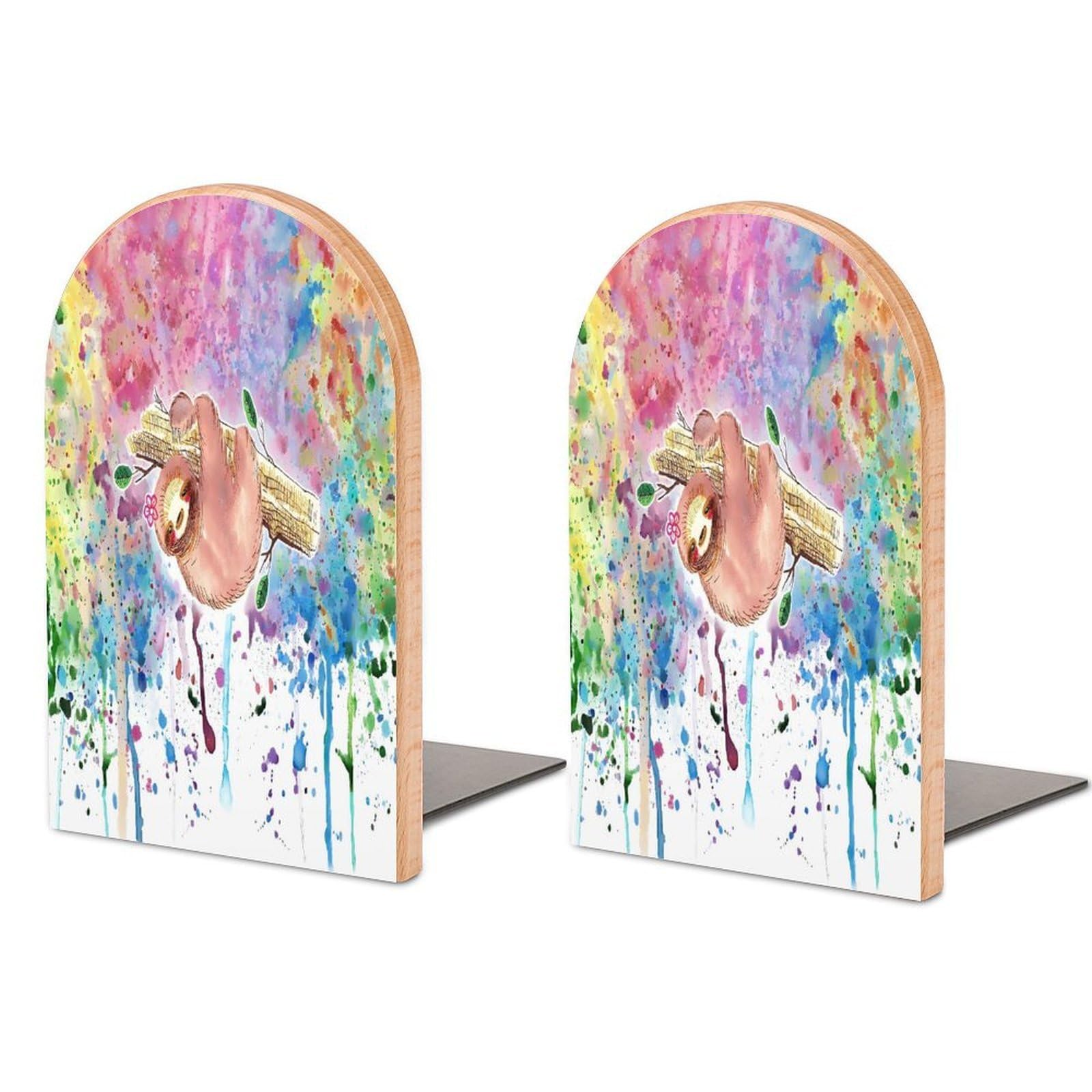 Watercolor Sloth Rainbow Beech Wood Bookends Heavy Duty Book Organizers Desktop File Holder for Office Home Bookshelf