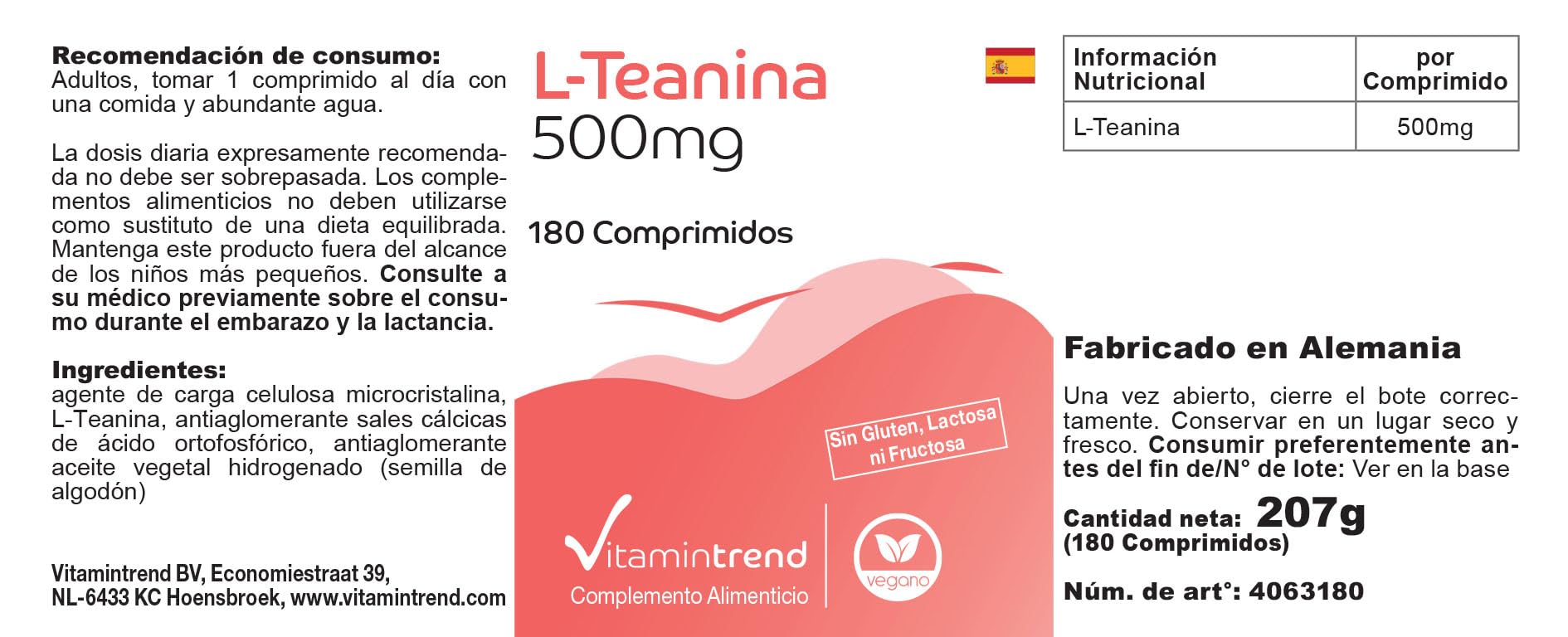 Vitamintrend L-Théanine haute dose 500 mg, 180 comprimés, acide aminé, complément alimentaire végan sans additifs, fabriqué en Allemagne