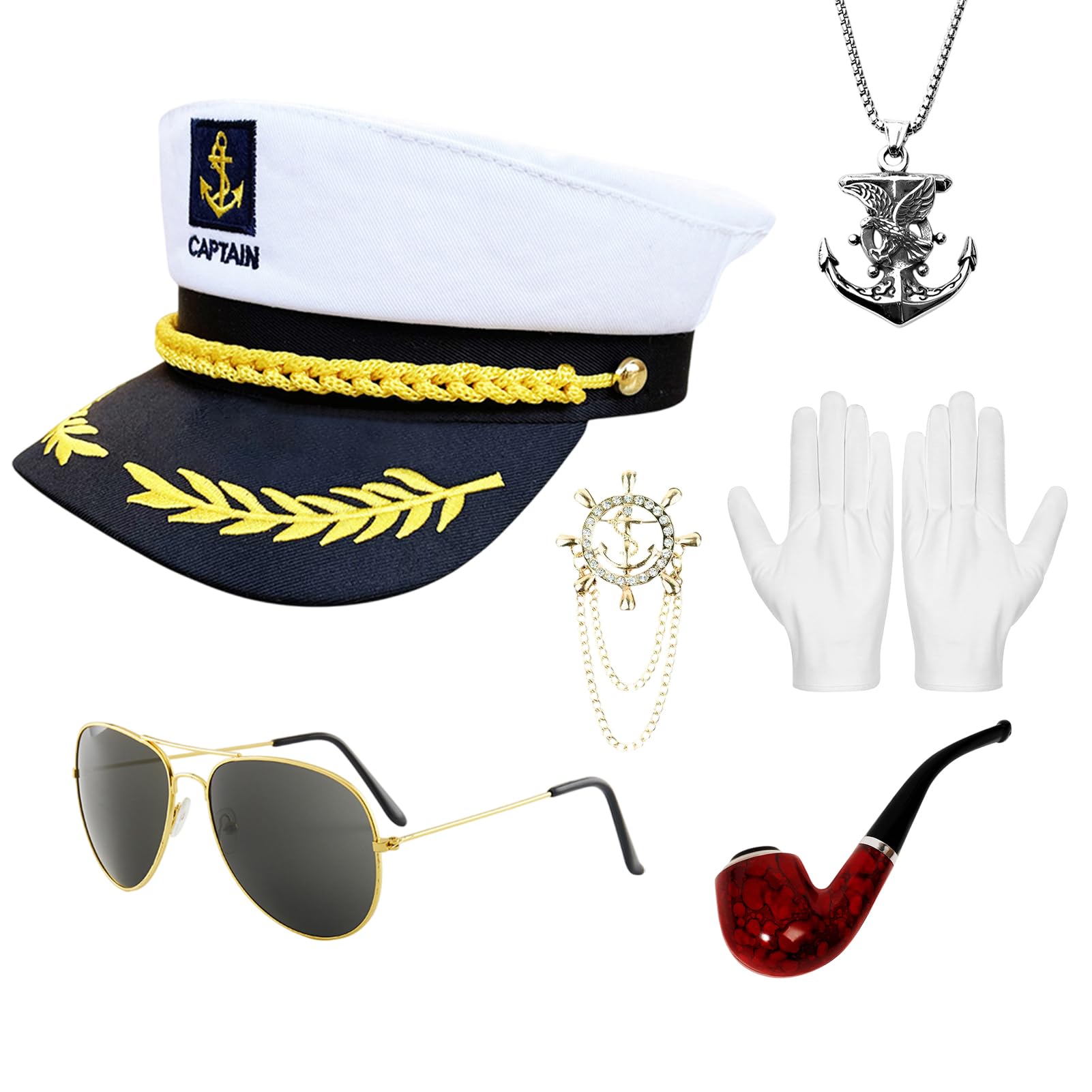 HarnyLoom Captain Hat Set, Sailor Costume Yacht Marine Aviator Sunglasses Sail Outfit Anchor Captain Cap Dressing Up for Cosplay Nautical Themes Party Accessory