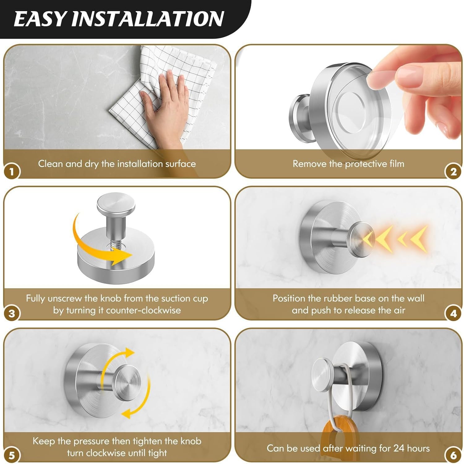 Stainless Steel Suction Cup Hook No Drill, Heavy Duty Vacuum Suction Towel & Robe Hook for Bathroom Shower, Removable Wall Hook for Tile Glass Mirror, Waterproof Rustproof, Reusable (1 Pack)