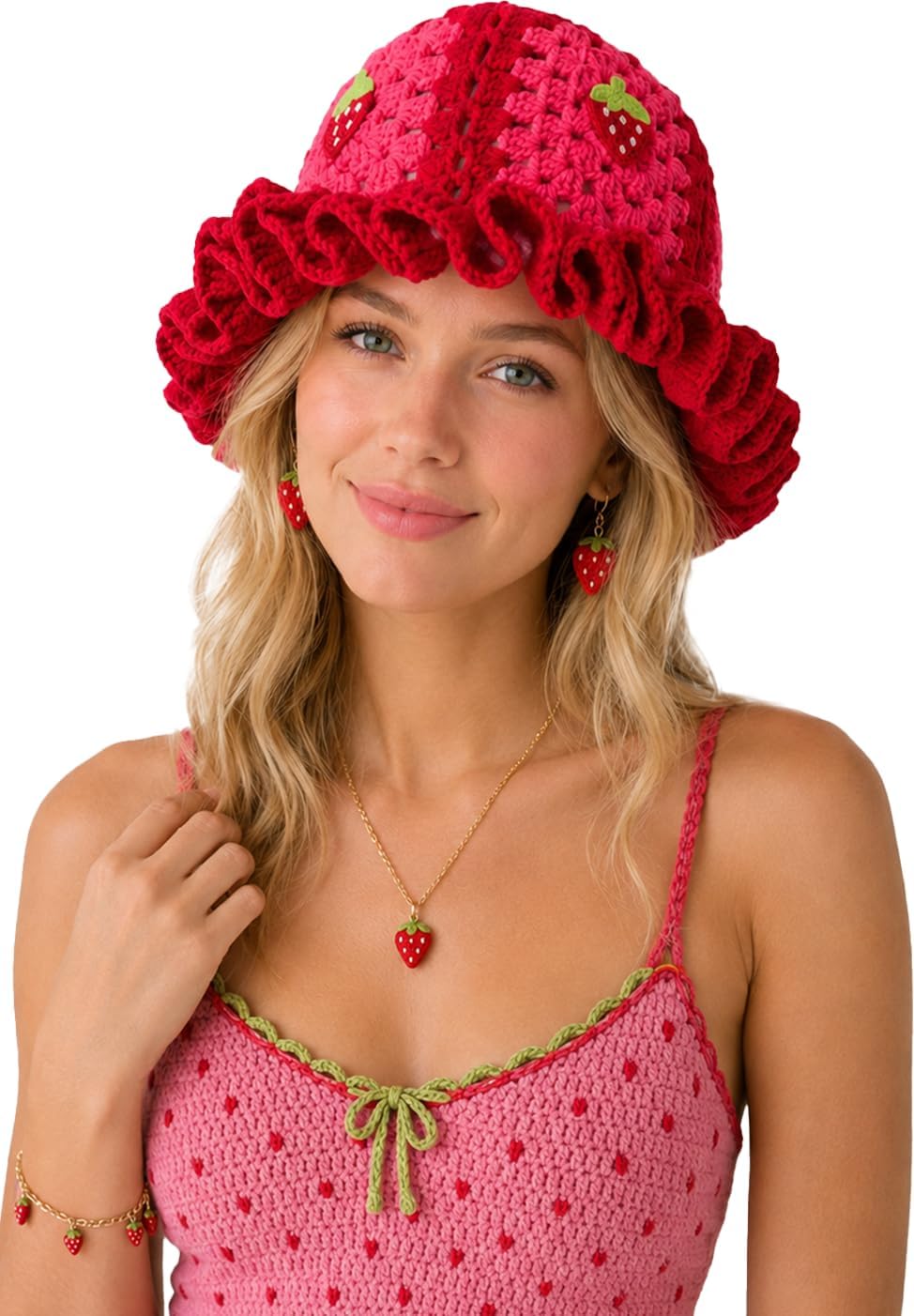 Strawberry Crochet Bucket Hat for Women Men Fruit Knit Handmade Ruffle Brim Cap Cosplay Halloween Costumes image 2